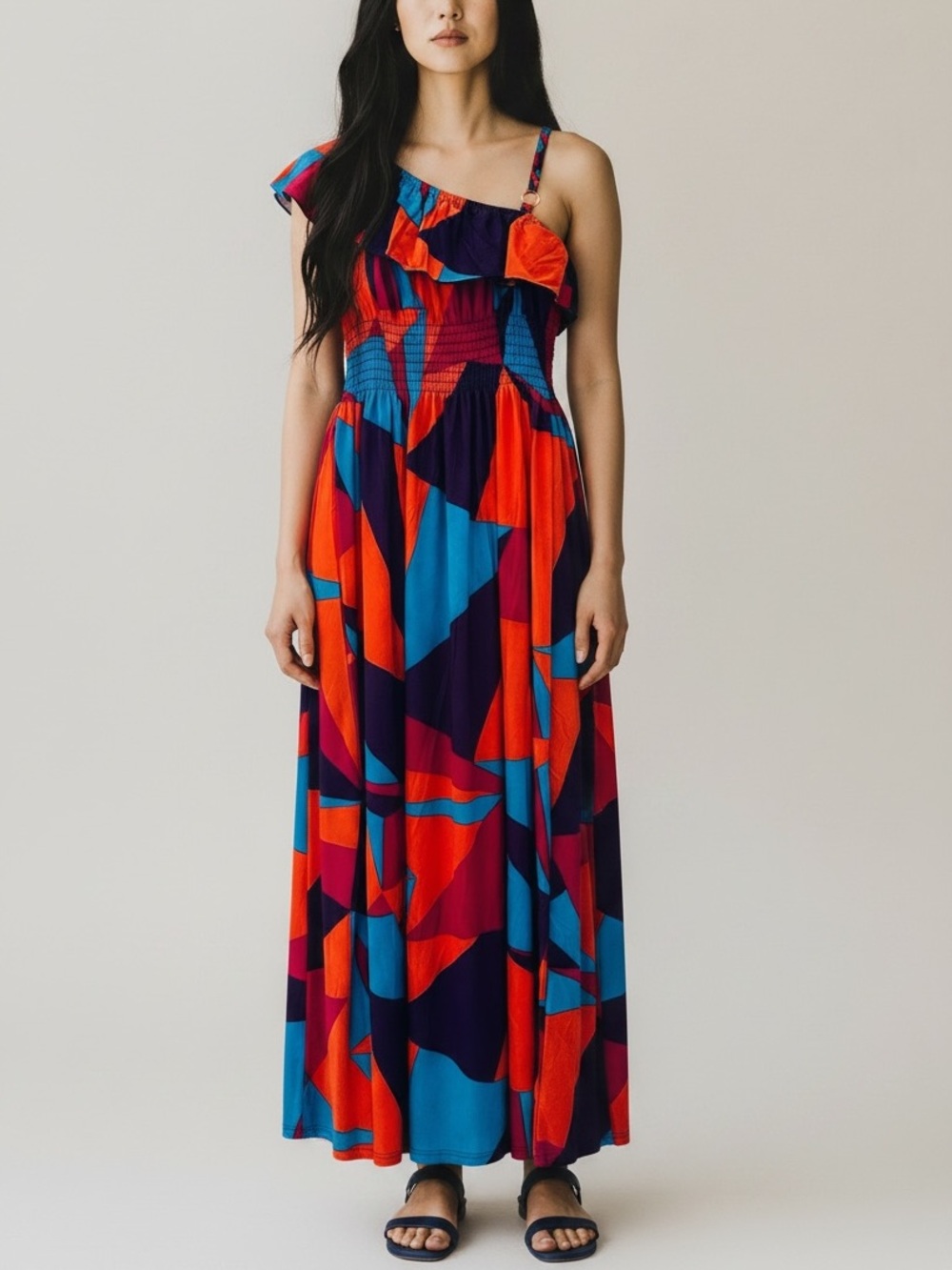 NwT Julia Fashion Silk Blend Maxi Slip Dress L/XL Geometric Asymmetric Beach